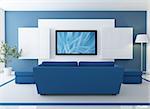 blue and white  lounge with lcd tv - rendering - the image on screen is a my composition