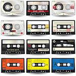 Vector illustration of nine different colored cassette tapes, isolated on white background.