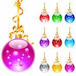 Set of christmas decoration balloons with ribbons. Vector illustration.