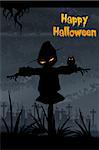 illustration of halloween scarecrow standing at dark night