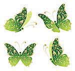 Green art butterfly flying, floral golden ornament