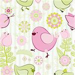 Painted birds and flowers on a light background - seamless texture.
