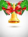 gold christmas bell with red ribbon on fir decoration vector illustration