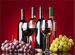 Several bottles of white and red wine, two glasses and grapes on a red background