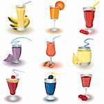 Set of nine different fruit shake icons, vector illustration