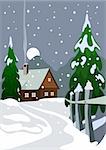 Illustration of house in snow forest