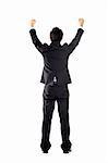 Successful business man raising hand, isolated on white.