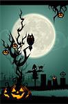 illustration of halloween night in graveyard with glowing pumpkin and bat