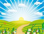 The sun over a flourishing meadow. Vector illustration. Vector art in Adobe illustrator EPS format, compressed in a zip file. The different graphics are all on separate layers so they can easily be moved or edited individually. The document can be scaled to any size without loss of quality.