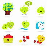 Funny leaf character with environment and nature symbols: tree, apples, water element etc. Vector Illustration.