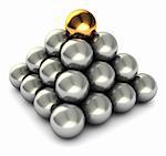 abstract 3d illustration of pyramid with steel and one golden balls