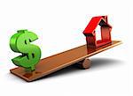 3d illustration of house and dollar sign on board scale, over white background