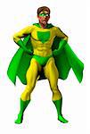 Illustration of an amazing superhero dressed in yellow and green costume with cape standing with hands on hip