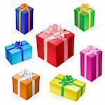 Vector illustration of 7 different gift boxes with ribbon