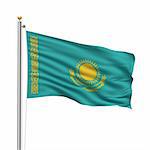 Flag of Kazakhstan with flag pole waving in the wind over white background