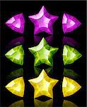 Jewelry icons of stars and arrows: violet, green, yellow