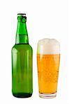 Beer, bottle, glass, isolated white background clipping path.