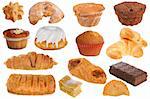 Assembling of delicious pastries and cakes isolated on white background