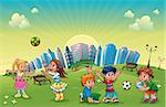 Boys and girls are playing in the park. Funny cartoon and vector scene.