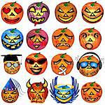 vector illustration of fourteen colored Halloween pumpkin emotions, vector illustration.
