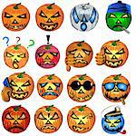 vector illustration of fourteen colored Halloween pumpkin emotions, vector illustration.