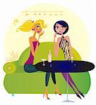 Two women in a trendy night club sharing gossip. Lifestyle vector Illustration.