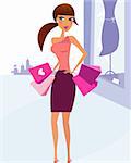 Woman with shopping bags in town. Vector Illustration in retro style.