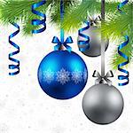 christmas background with baubles, green fir tree and snowflakes