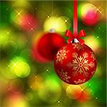 christmas shining red baubles on green fir tree background