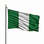 Flag of Nigeria with flag pole waving in the wind over white background