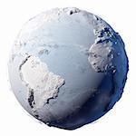 Winter planet Earth - covered in snow and ice planet with a real detailed terrain, soft shadows and volumetric clouds on a white background