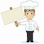 vector illustration of a cute boy chef holding a wooden blank sign. No gradient.