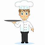 vector illustration of a cute boy chef presenting a meal. No gradient.