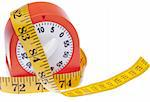 Measuring tape around a kitchen timer suggests that it is about time to get on a diet.  Also works for sewing themed images.  Isolated on white with a clipping path.