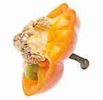 Vibrant Orange Pepper Sliced with Seeds Showing Isolated on White with a Clipping Path.