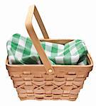 Summer Picnic Scene.  Basket with Checkered Blanket Isolated on White with a Clipping Path.