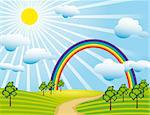 Field road and a rainbow. Vector illustration. Vector art in Adobe illustrator EPS format, compressed in a zip file. The different graphics are all on separate layers so they can easily be moved or edited individually. The document can be scaled to any size without loss of quality.