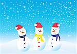 vector illustration of three funny snowmen in santa hats