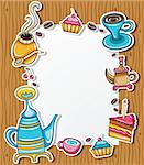 Cute grunge frame with coffee, tea, cake, yerba mate symbols, isolated on wooden background 3.