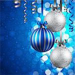 christmas background with blue and silver baubles