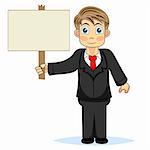 vector illustration of a cute boy businessman holding blank sign . No gradient