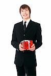 businessman with the red gift. Isolated at white background