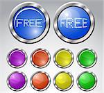 Set of multicolored glasses round buttons with metallic frame. Vector illustration.