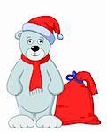 Teddy bear Santa Claus with a bag of Christmas gifts