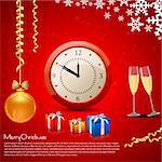 illustration of christmas card with champagne,present,ball and watch