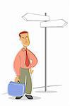 illustration of business man waiting on stop with directon board