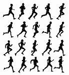 Collection of running silhouettes, teenagers, boys and girls.