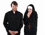 A young Catholic priest and nun on white background giggling