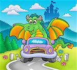 Green dragon driving car - color illustration.