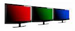 Three lcd TV's showing the RGB colors; red, green and blue.
